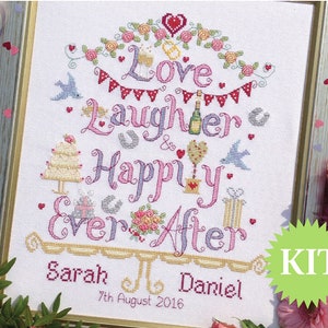 Amor, risas y felices para siempre Boda PATRÓN o KIT impreso en punto de cruz personalizable