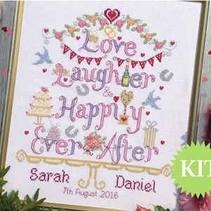 Love, Laughter & Happily Ever After Wedding Customisable Cross Stitch printed PATTERN or KIT