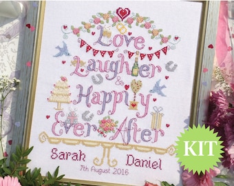 Love, Laughter & Happily Ever After Wedding Customisable Cross Stitch printed PATTERN or KIT