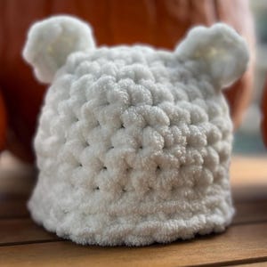 May include: White crocheted baby hat with fuzzy texture and two small ear flaps.