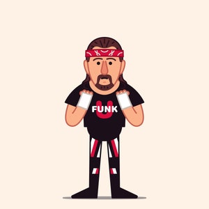 May include: A cartoon illustration of a wrestler wearing a black shirt with the word "FUNK" in red and white letters, black and red striped pants, white wristbands, and a red bandana with white designs.