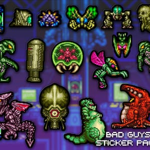 May include: A collection of pixelated stickers featuring various alien and monster designs in shades of green, red, purple, and gold. The stickers are arranged on a dark blue background with the text "BAD GUYS STICKER PACK".