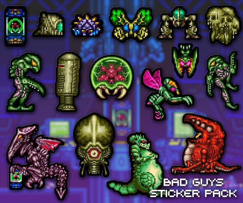 May include: A collection of pixelated stickers featuring various alien and monster designs in shades of green, red, purple, and gold. The stickers are arranged on a dark blue background with the text "BAD GUYS STICKER PACK".
