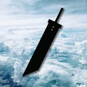 May include: A black silhouette of a large sword against a backdrop of white clouds and a blue sky.