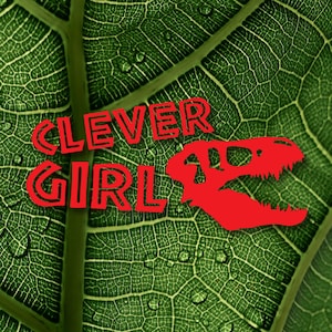 May include: A green leaf with a red dinosaur silhouette and the text "CLEVER GIRLS" in red.