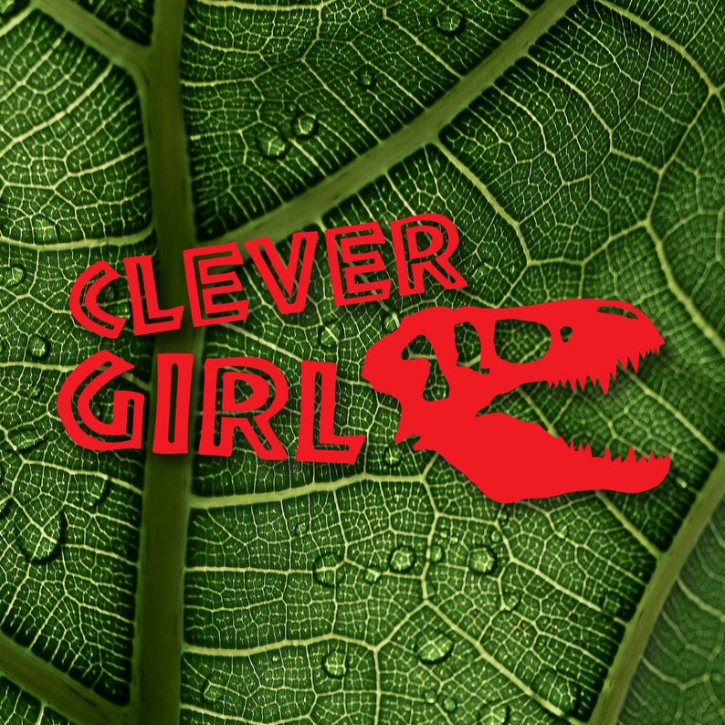 May include: A green leaf with a red dinosaur silhouette and the text "CLEVER GIRLS" in red.