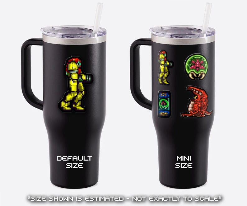 May include: Black insulated tumblers with handles, lids, and straws. One tumbler features a pixelated yellow character, the other has multiple pixelated images. Text on the tumblers reads "DEFAULT SIZE" and "MINI SIZE".