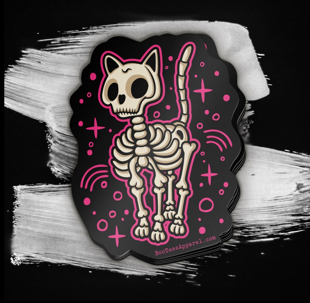 Skeleton Cat Full Color Sticker Spooky Cute Black and Pink Decals Spoopy Kitten Stickers Cat
