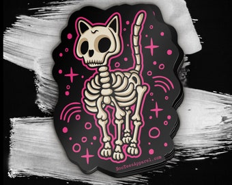 Skeleton Cat Full Color Sticker spooky cute black and pink decals spoopy kitten stickers cat stickers