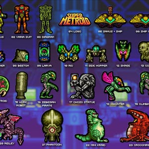 May include: A collection of pixelated images from the Super Metroid video game. The images include characters like Samus, various enemies, and the game's logo. The background is a dark blue with a grid pattern.