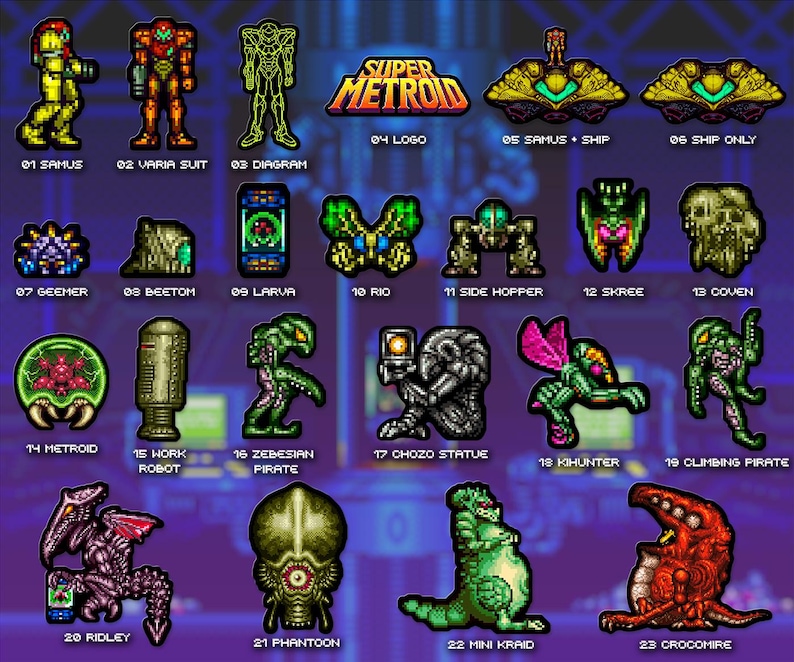 May include: A collection of pixelated images from the Super Metroid video game. The images include characters like Samus, various enemies, and the game's logo. The background is a dark blue with a grid pattern.
