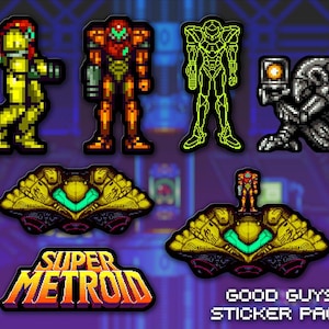 May include: A sticker pack featuring pixel art characters and elements from the Super Metroid video game. Includes images of Samus Aran in various power suits, a ship, and the game's logo. The text "GOOD GUYS STICKER PACK" is also present.