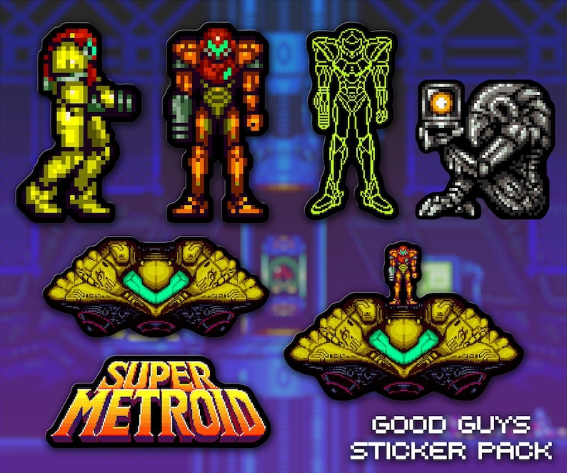 May include: A sticker pack featuring pixel art characters and elements from the Super Metroid video game. Includes images of Samus Aran in various power suits, a ship, and the game's logo. The text "GOOD GUYS STICKER PACK" is also present.