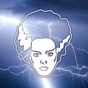 May include: A white silhouette of a Frankenstein's monster head with a hairstyle of bolts, set against a blue background with white lightning bolts.