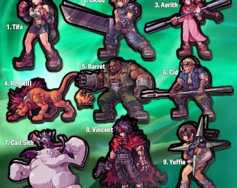 Personajes de FF7 de 8 bits con diseño de píxeles, Cloud, Tifa, Aerith y calcomanías para coche de Final Fantasy VII. Calcomanías y pegatinas de FF7, pegatinas de videojuegos.