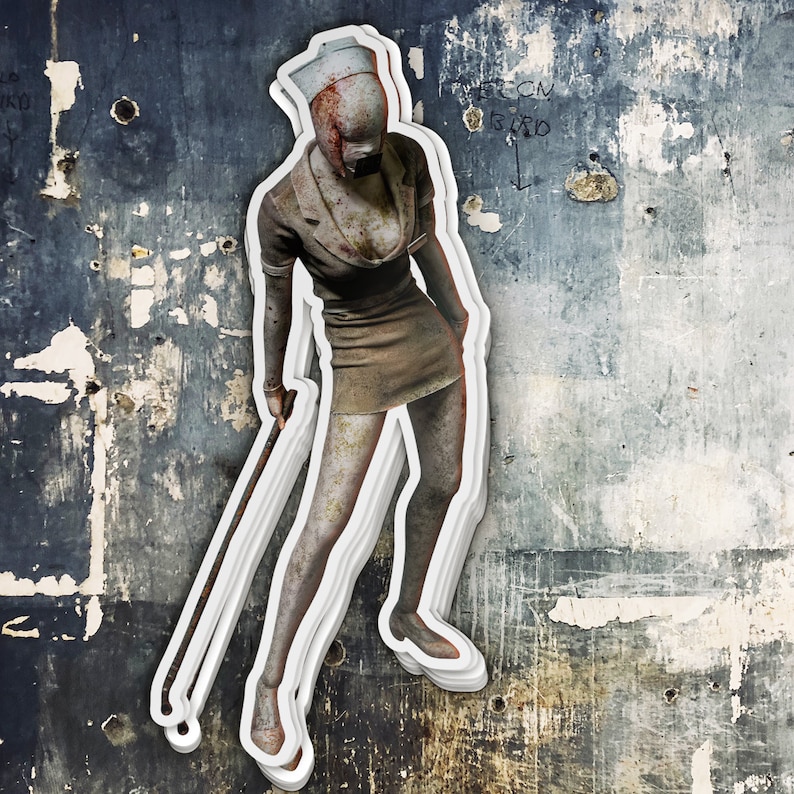 Puede incluir: Una pegatina de una mujer con uniforme de enfermera sosteniendo un arma, con un fondo de estilo grunge y desgastado.