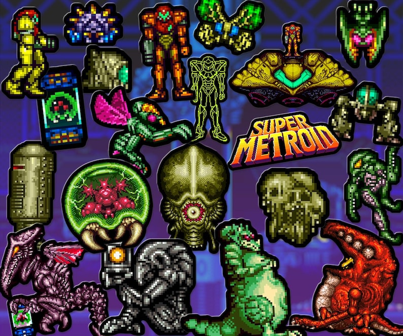 16-Bit Sci-Fi Game Sticker Pack – Retro Space Bounty Hunter Vinyl Stickers – Good & Bad Guys – Super Pixel Art Metroid image 1