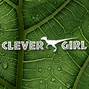 May include: A green leaf with a white silhouette of a dinosaur and the text "CLEVER GIRL" on it.