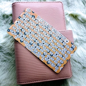 May include: A pink lizard-textured binder featuring a rectangular savings tracker card labeled 10 DOLLAR CHALLENGE and SOUTHERN GRACE BUDGETS. The card has a yellow background with white flower icons and numerous circles containing the number 10.
