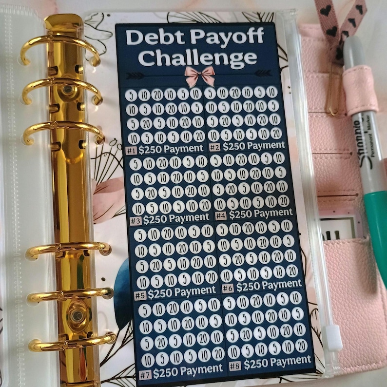 Op de afbeelding: Een blauwe en witte schuld aflossings tracker met een witte strik bovenop. De tracker heeft een raster met de nummers 5, 10 en 20. De tracker is gelabeld met de tekst "Debt Payoff Challenge" en heeft de tekst "&euro; 250 betaling" acht keer herhaald.