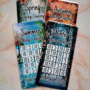 May include: Four colorful cards with a savings challenge theme. Each card features a different season: Spring, Summer, Autumn, and Winter. The cards have a grid of numbers, including 5, 10, and 20. The text "Total Saved: $250" is visible on the Winter card.