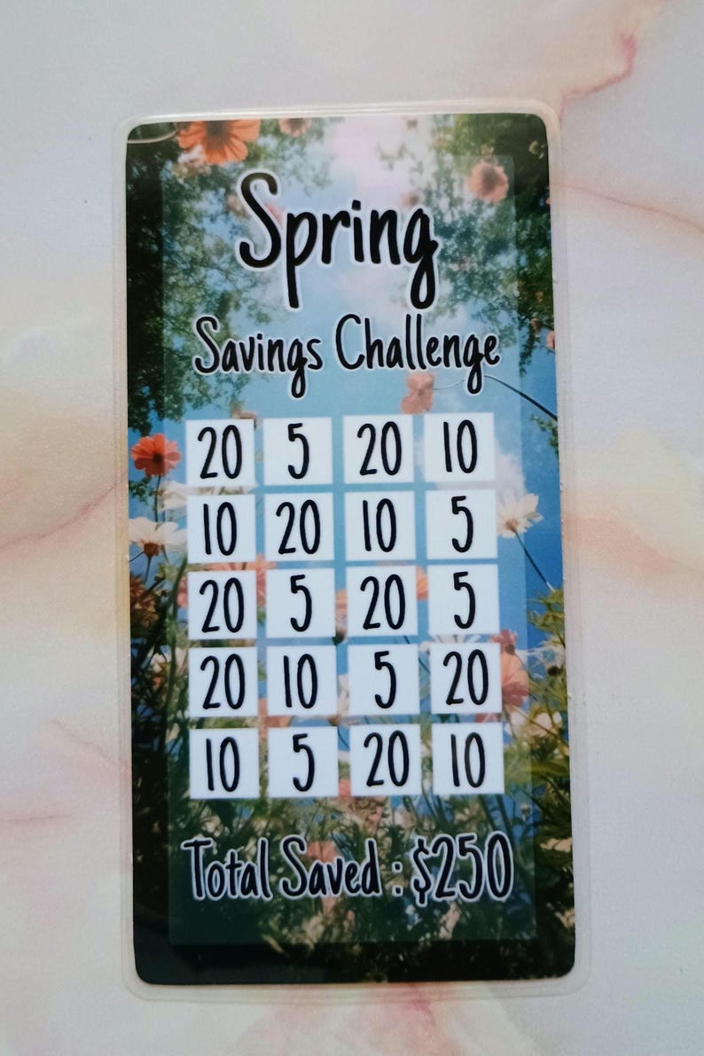 May include: A spring savings challenge tracker with a floral background. The tracker has a grid of numbers, including 5, 10, 20, and the text "Total Saved: $250".