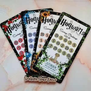 May include: Four black and white cards with floral designs and a Hogwarts theme. Each card has a savings challenge with a goal of $125.00. The cards have different colored circles with numbers on them, representing different amounts of money to save. The text on the cards reads "Hogwarts Savings Challenge" and "Sayumarin, these coins will win on any meal to achieve their ends."
