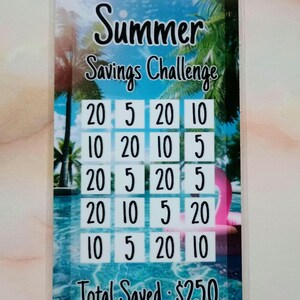 May include: A summer savings challenge board with a tropical beach scene. The board has a grid of numbers, including 5, 10, and 20. The text "Total Saved: $250" is at the bottom of the board.