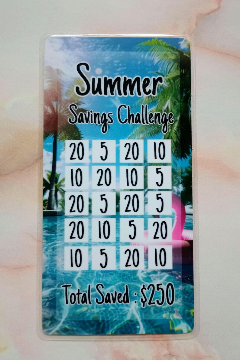May include: A summer savings challenge board with a tropical beach scene. The board has a grid of numbers, including 5, 10, and 20. The text "Total Saved: $250" is at the bottom of the board.