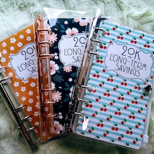 May include: Three ring binders with decorative covers. One binder has an orange background with white flowers, another has a navy background with pink flowers, and the third has a blue and white striped background with cherries. Each binder has the text "20K LONG-TERM SAVINGS".