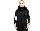 Real Fur Astrakhan-Karakul with Fox Collar,Long Fur Vest,Karakul Vest,Woman Black Vest,Astrakhan Sleeveless Jacket,real fur,fox fur F230