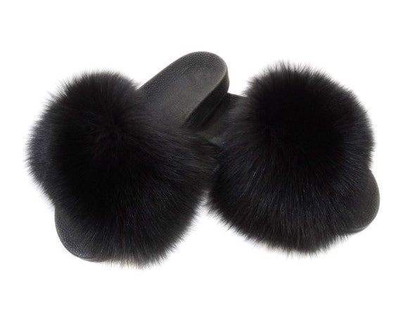 black fluffy sandals