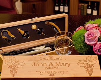 Personalized Wine Box Gift for Couple – Engraved Bamboo Wine Box with Tools, Wedding Anniversary Gift