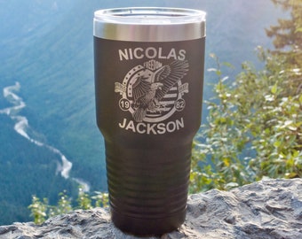 American Flag /Freedom, Personalized Engraved Tumbler, Insulated Travel Mug, Customized Cup for Birthday, Christmas, Military, Retirement