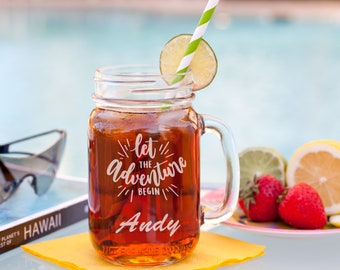 Personalized 16oz Glass Mason Jar, Rustic Drinking Mason Jar, Custom Engraved Gift for Vacation, Wedding, Anniversary, Kitchen Decor Mugs