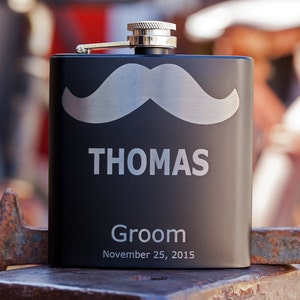 Personalized Groomsman Flask with Mustache, Customized Engraved Wedding Flask, Best Man Flask, Wedding Gift for Groomsmen, Bachelor Party