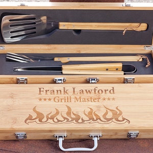 Personalized Bamboo BBQ Gift Set, Grilling Tool Set, Engraved Barbeque Box for Father’s Day, Chefs Gift, Grill, Corporate, Wedding, Birthday