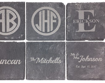 Personalized Slate Coaster Set of 4, Custom Laser Engraved Drink Coasters, Gift for Wedding, Newlywed, Engagement, Housewarming, Anniversary