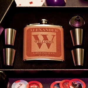 Flask Gift Set, Personalized Groomsman Gift, Custom Engraved Flask with Letter Design, Bachelor Party, Wedding Flask + Funnel + Shot Glasses