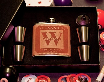 Flask Gift Set, Personalized Groomsman Gift, Custom Engraved Flask with Letter Design, Bachelor Party, Wedding Flask + Funnel + Shot Glasses