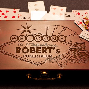 Personalized Poker Gift Set, Custom Engraved Poker Game Box, w/Poker Chips /w Poker Cards, engraved Rosewood Case, Birthday, Fathers Day
