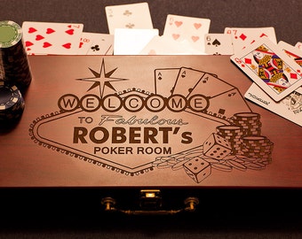 Personalized Poker Gift Set, Custom Engraved Poker Game Box, w/Poker Chips /w Poker Cards, engraved Rosewood Case, Birthday, Fathers Day
