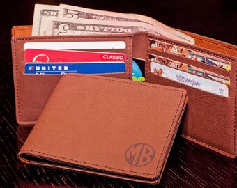Personalized Brown Bifold Wallet, Monogram, Custom Engraved Leather Wallet, Fathers Day, Stocking Stuffer, Birthday, Christmas Gift for Him