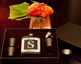 Flask Gift Set, Personalized Groomsman Flask, Monogram, Custom Engraved Gift, Wedding Flask +Funnel +Shot Glasses, Bachelor Party Favor
