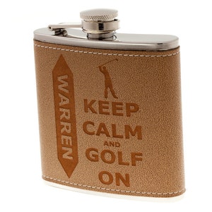 Personalized Golf Flask &quot;Keep Calm Golf on&quot;, Customized Golf Leather Flask, Fathers Day Gift, Golf Birthday, Retirement, Golf Incentive
