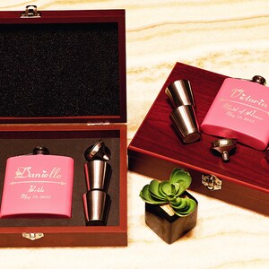 Rosewood Flask Gift Set, Personalized Bridesmaid Gift, Custom Engraved Wedding Flask +Funnel +Shot Glasses in Wood Box, Bachelorette, Bride