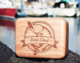 May include: A wooden box with a laser-engraved design of a fish and the text "Best Dad".