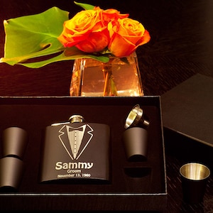 Flask Gift Set, Personalized Groomsman Tuxedo Flask, Custom Engraved Gift, Wedding Flask +Funnel +Shot Glasses, Bachelor Party, Customized