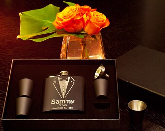 Flask Gift Set, Personalized Groomsman Tuxedo Flask, Custom Engraved Gift, Wedding Flask +Funnel +Shot Glasses, Bachelor Party, Customized