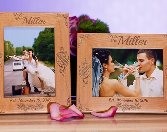 Family Wood Picture Frame, Personalized Couple Gift for 5x7 Pictures, Custom Engraved Photo Frame for Anniversary, Engagement, Wedding, Baby